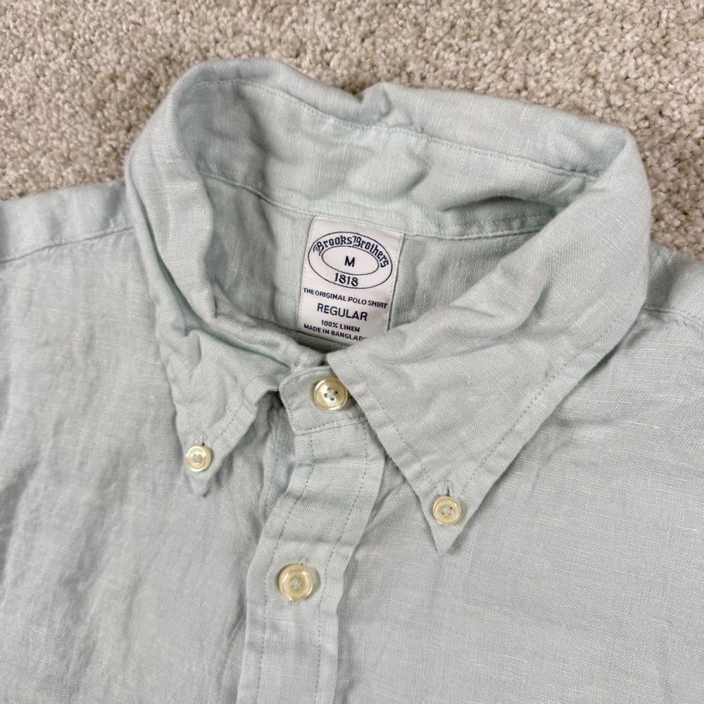 Brooks Brothers Button Down Shirt Mens M Light Blue 100% Linen Regular Fit S/S